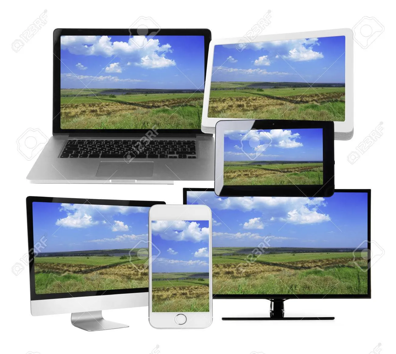 Monitors, Laptop, Tablet And Phone With Nature Wallpaper On Screens In Collage Isolated On White